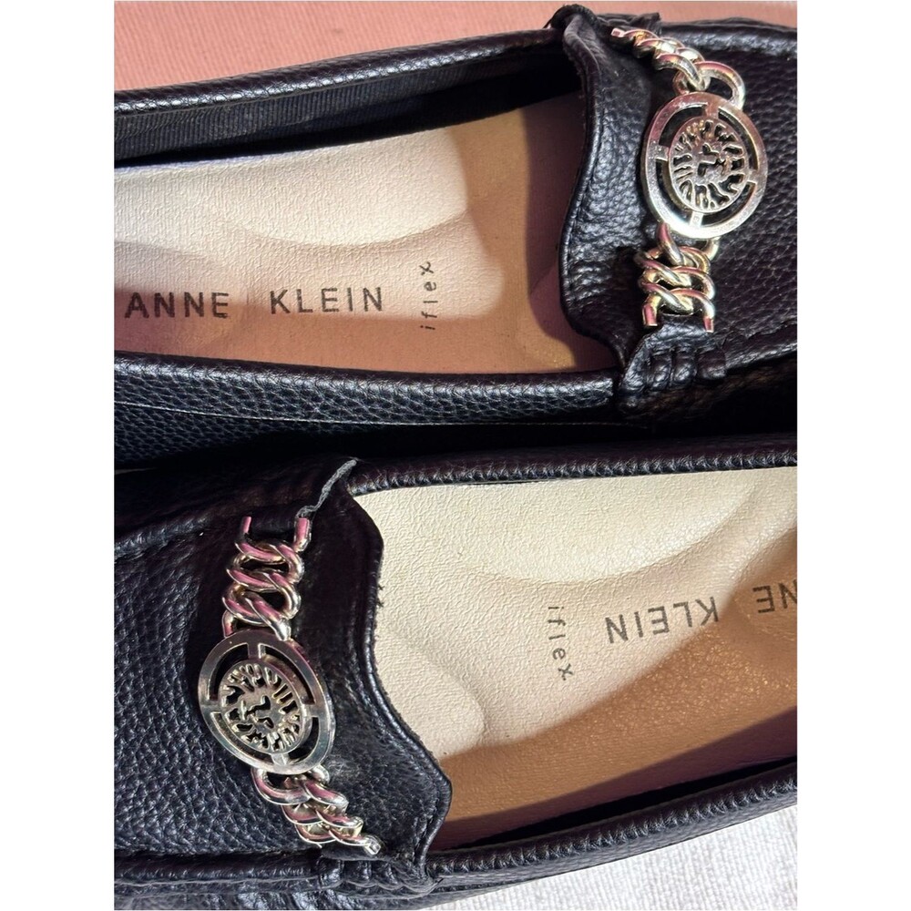Anne Klein Black Loafers with Gold-Tone Chain Medallion